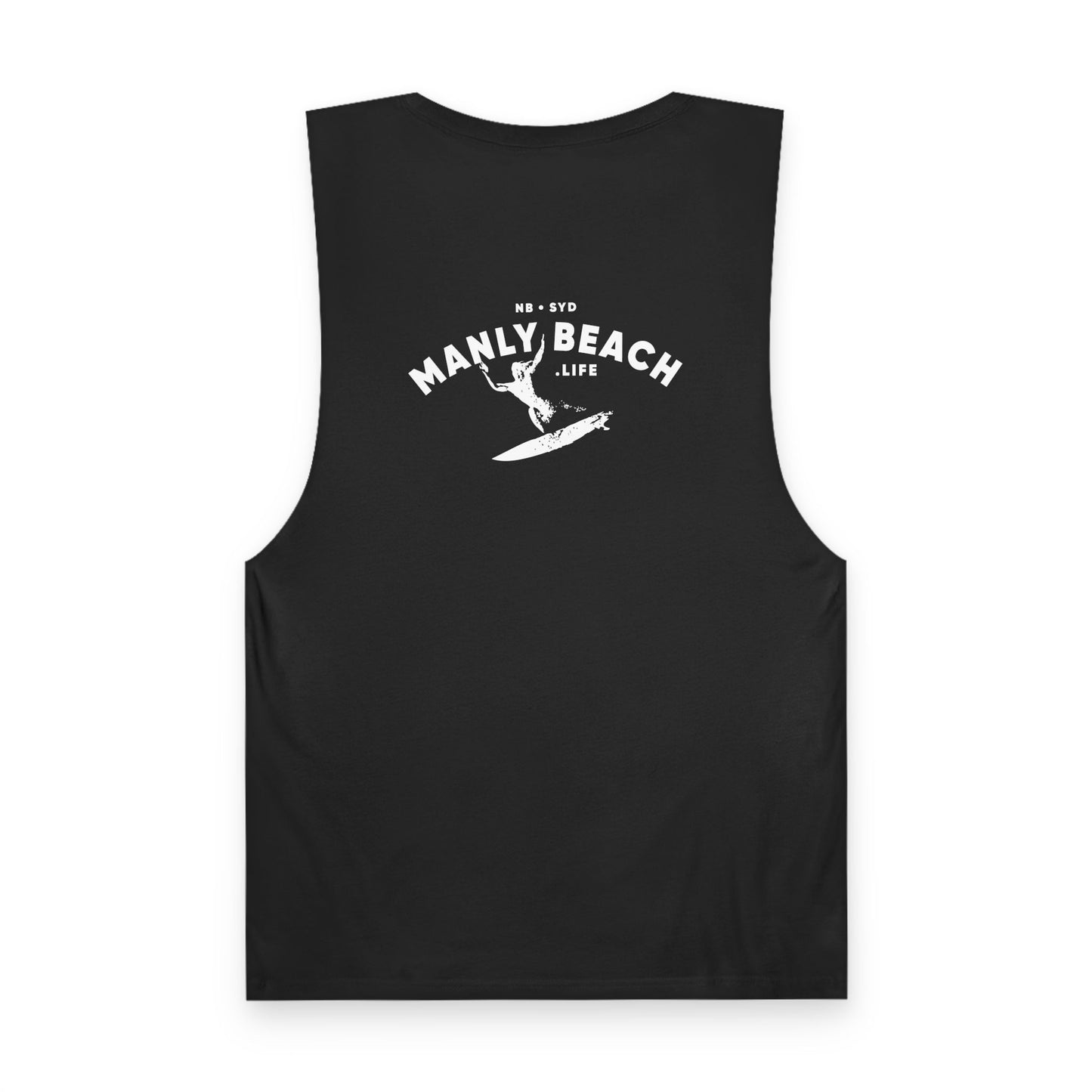 Black tank with white surfer logo on back