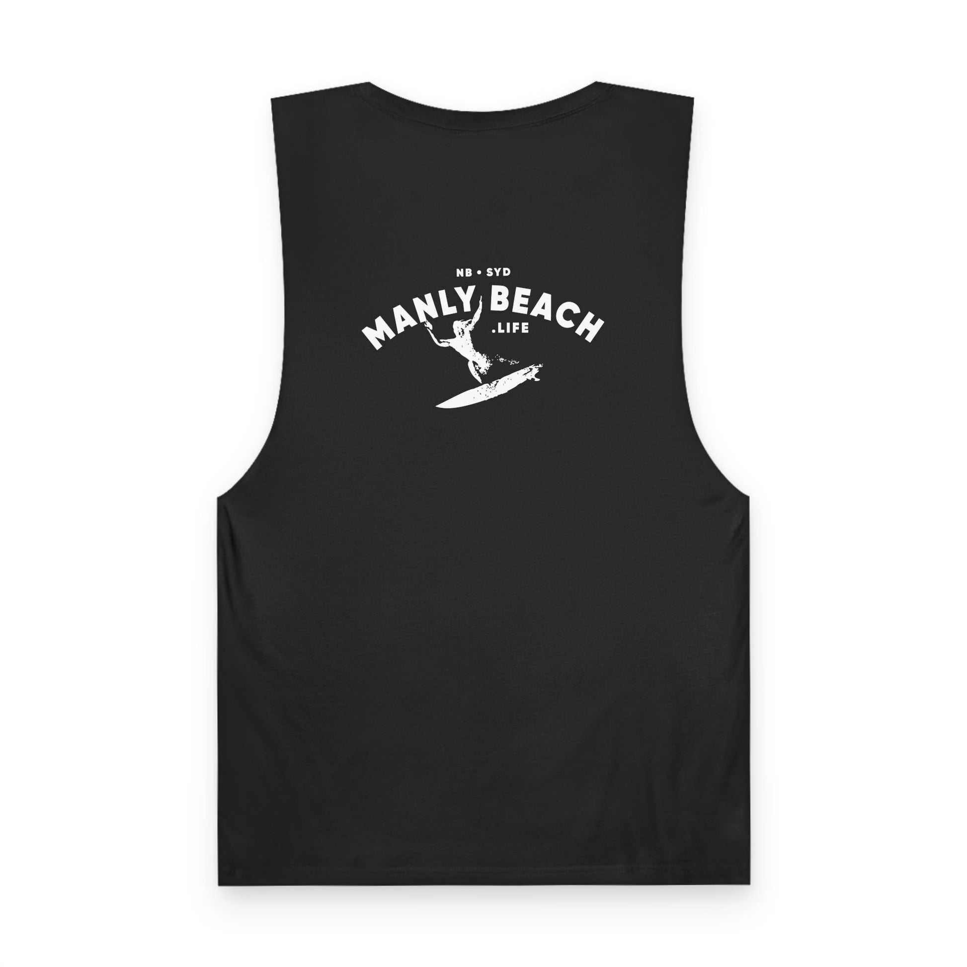 Black tank with white surfer logo on back