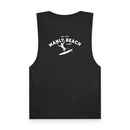 Black tank with white surfer logo on back