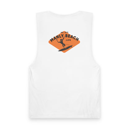 White tee with black Manly Beach Life print.