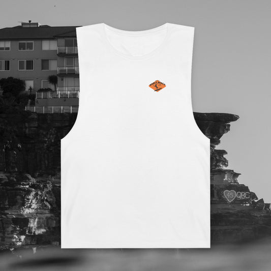 White sleeveless tee with orange back graphic.