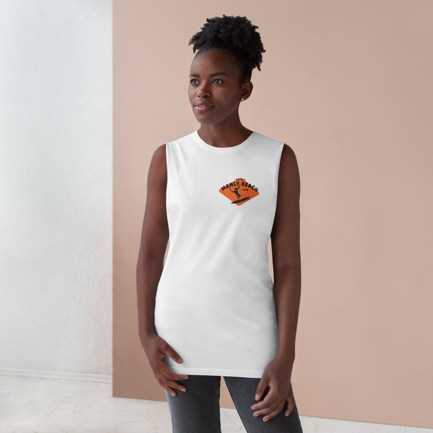 White tank with orange Manly Beach Life logo.