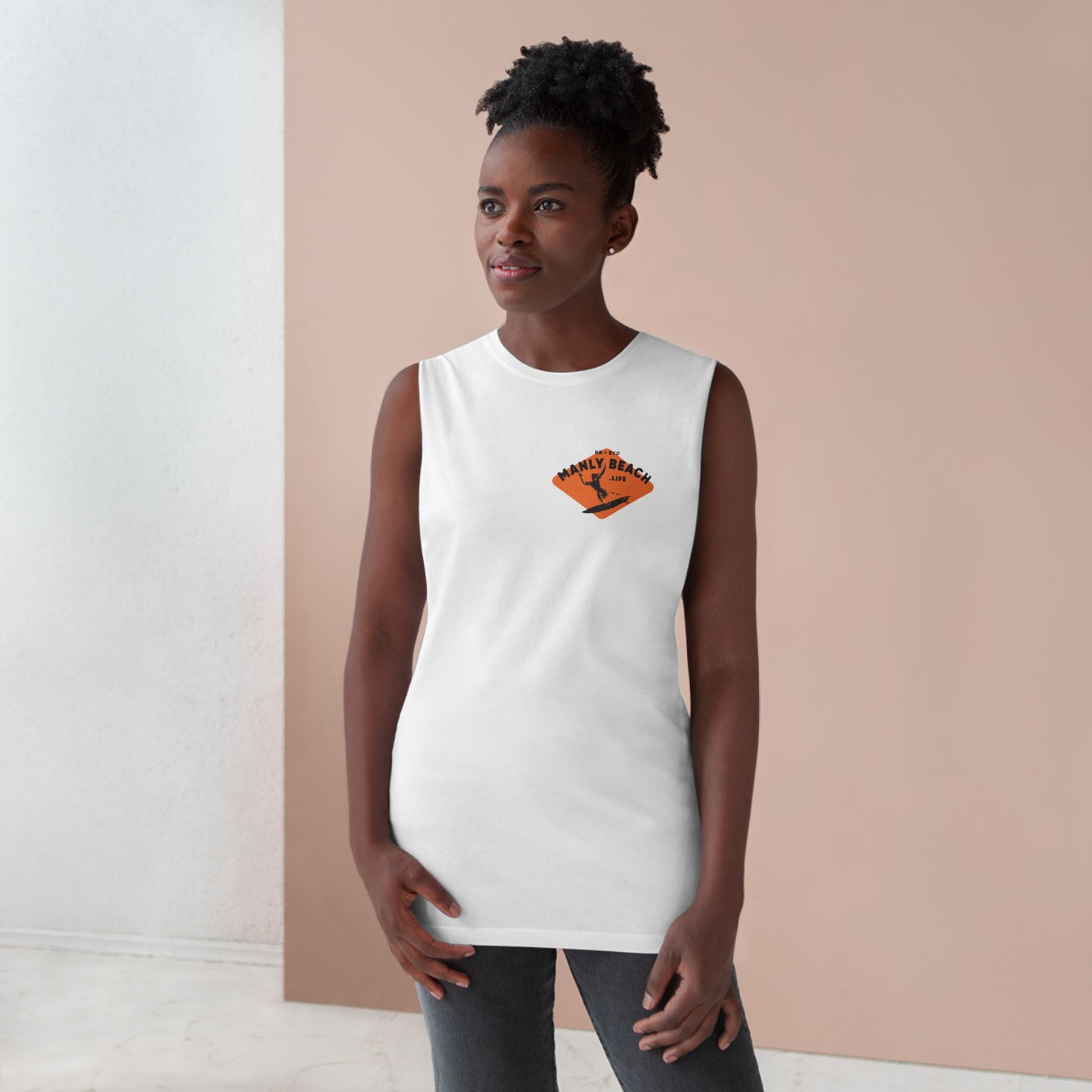 White tank with orange Manly Beach Life logo.